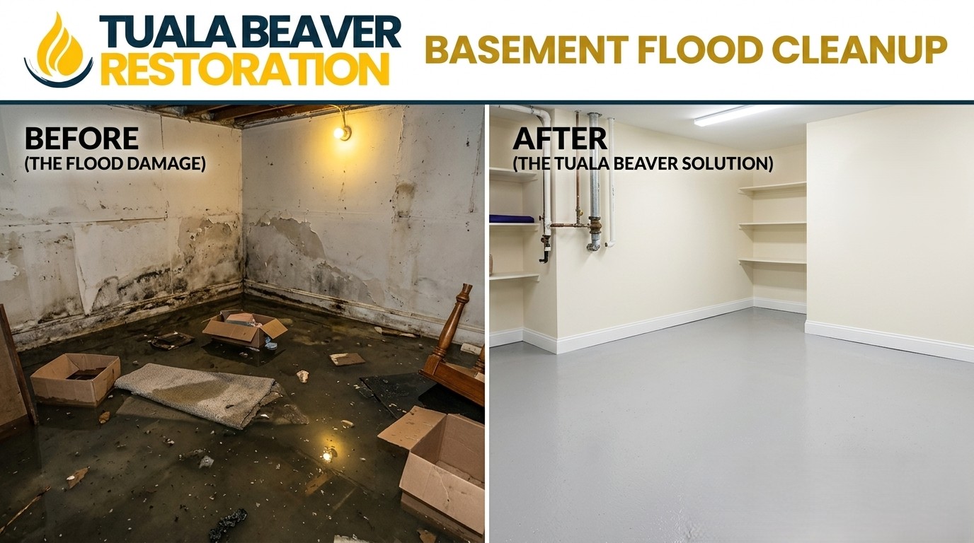 Basement Flood Cleanup Before and After - Tuala Beaver Restoration Beaverton OR showing below-grade water removal and structural drying results