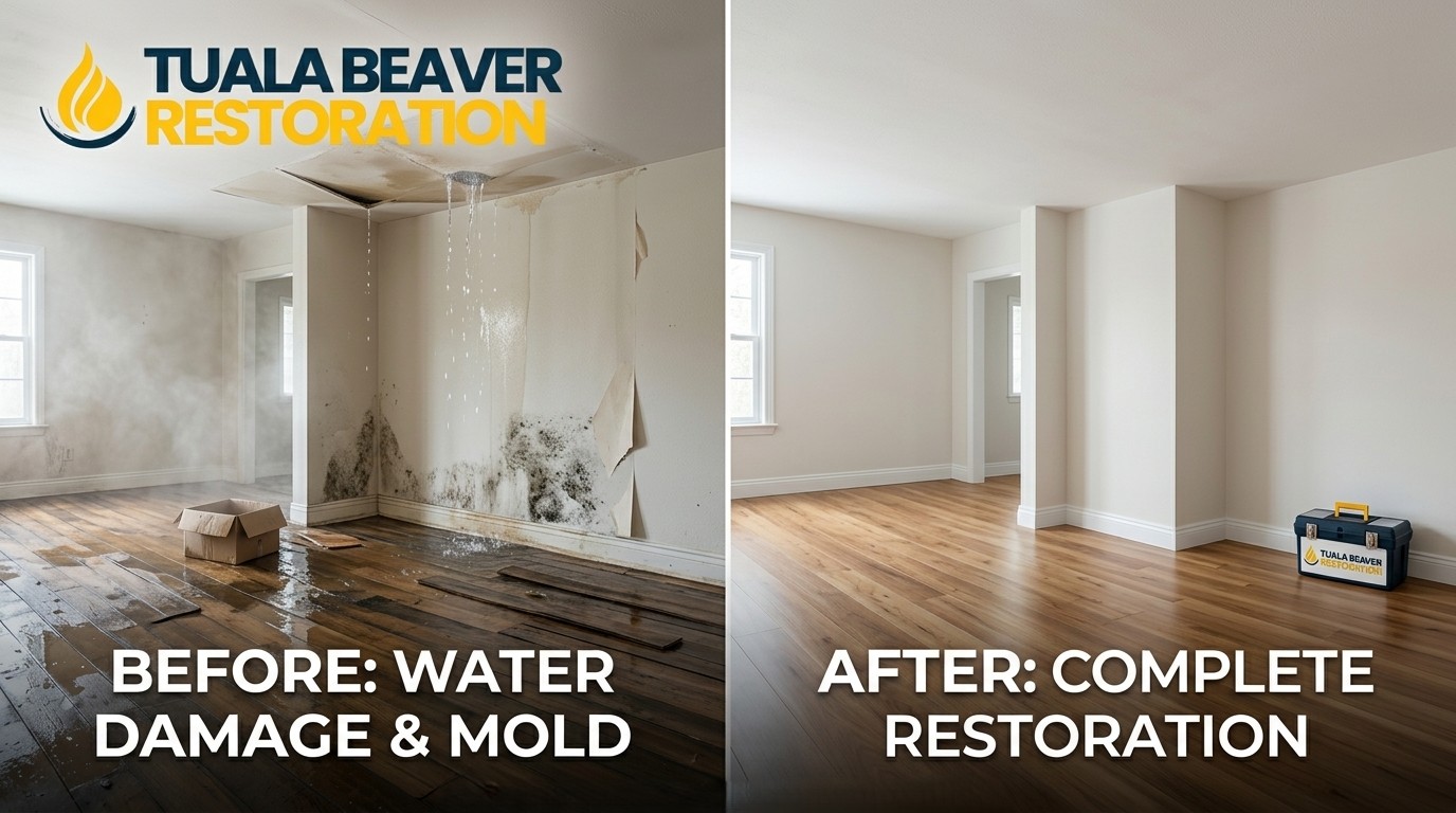 Before and after water damage repair and mold restoration by Tuala Beaver Restoration in Beaverton OR showing complete structural reconstruction